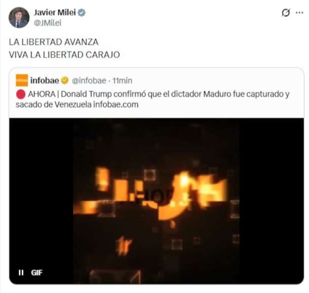 La publicación de Javier Milei sobre la confirmación de la captura de Nicolás Maduro.