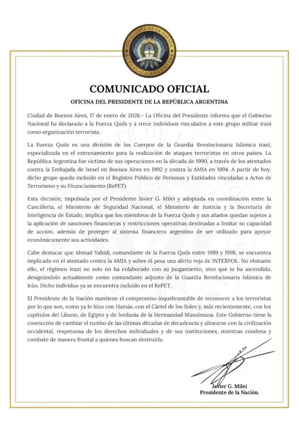 El comunicado oficial del Gobierno Nacional sobre Fuerza Quds de Irán. 