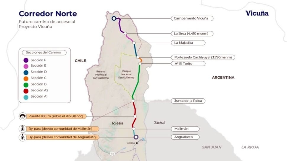 Mapa del acceso al Proyecto Vicuña por el Corredor Norte. (Gentileza)  