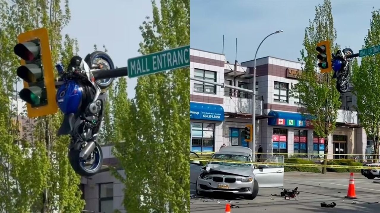 Insólito choque dejó a una moto colgada de un semáforo