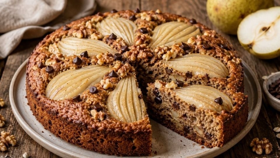 Receta de torta rústica de peras con harina integral y chocolate