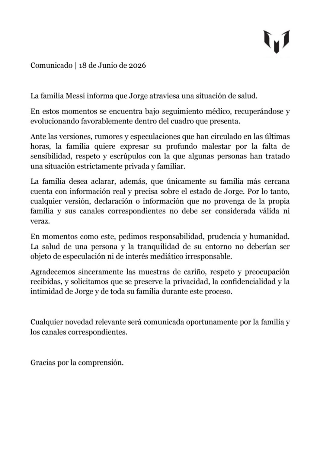 Comunicado oficial. (Gentileza)
