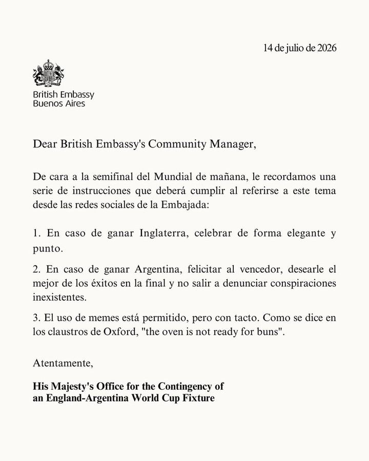 Comunicado de la embajada británica en Buenos Aires. 