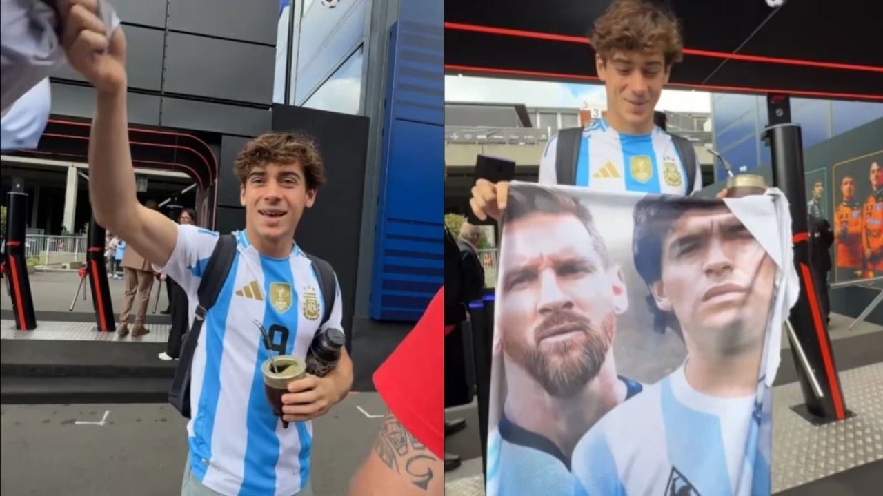Colapinto alentó a la Selección con camiseta y una bandera de Messi y Maradona