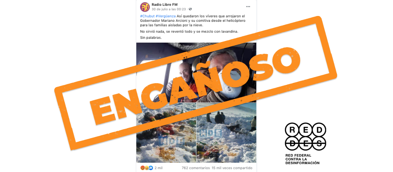 Es engañosa la imagen del operativo de asistencia en Cushamen donde se ven bolsones de alimentos en la nieve