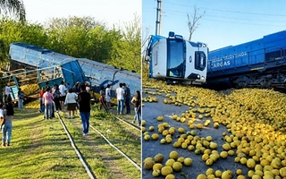 Impactante choque entre un tren de cargas y un camión que llevaba limones