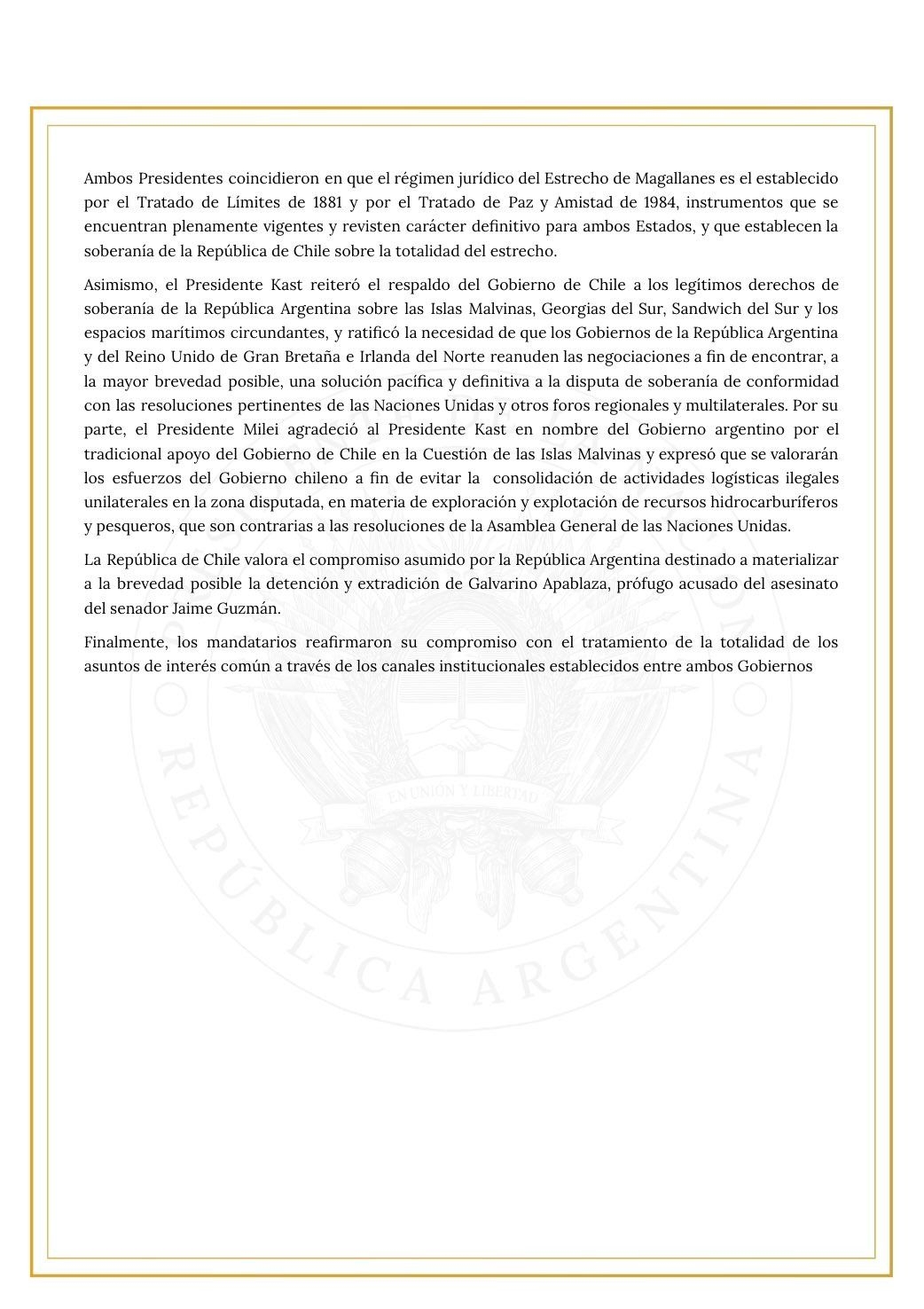 Comunicado oficial de la Oficina del Presidente. 