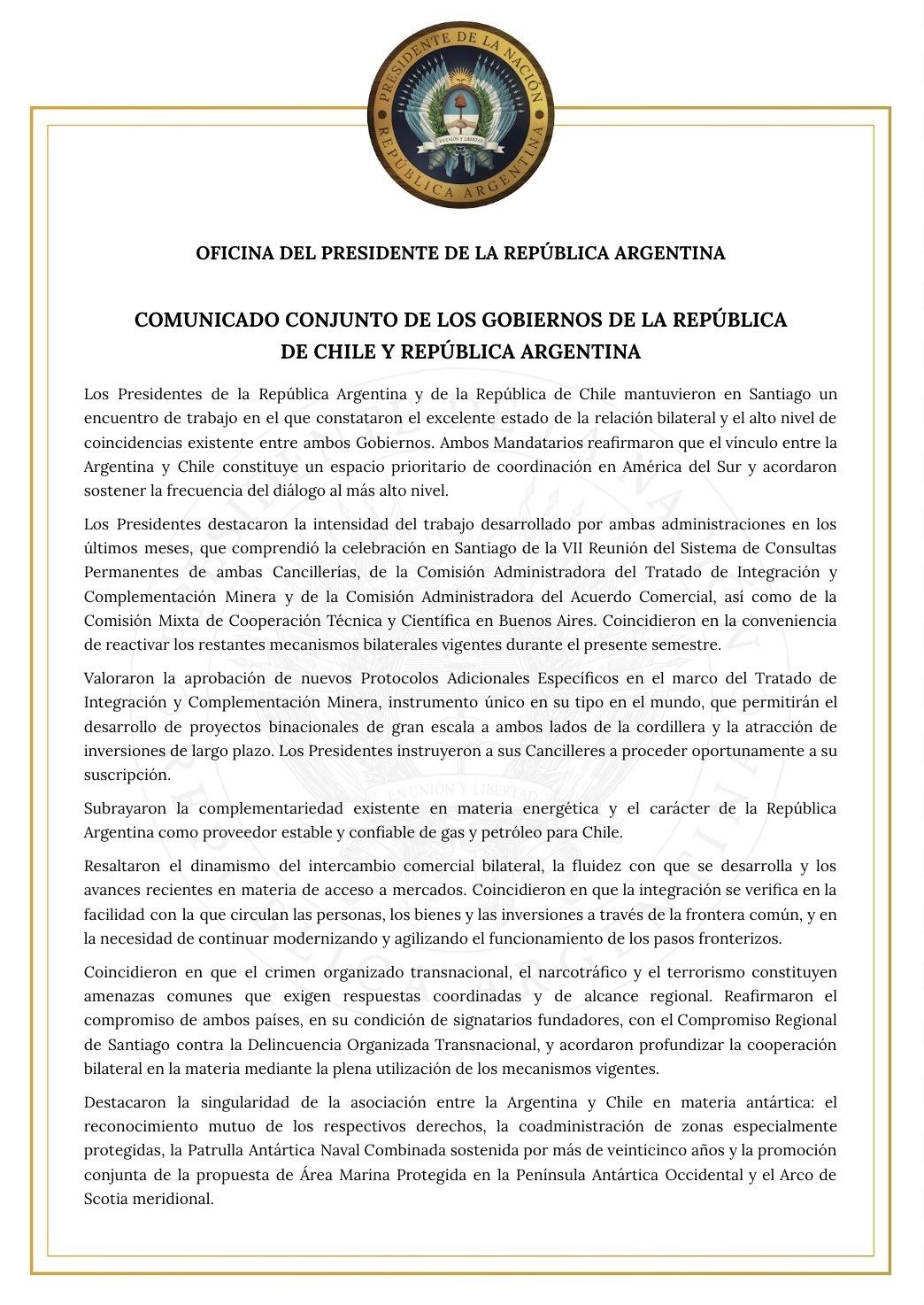 Comunicado oficial de la Oficina del Presidente. 