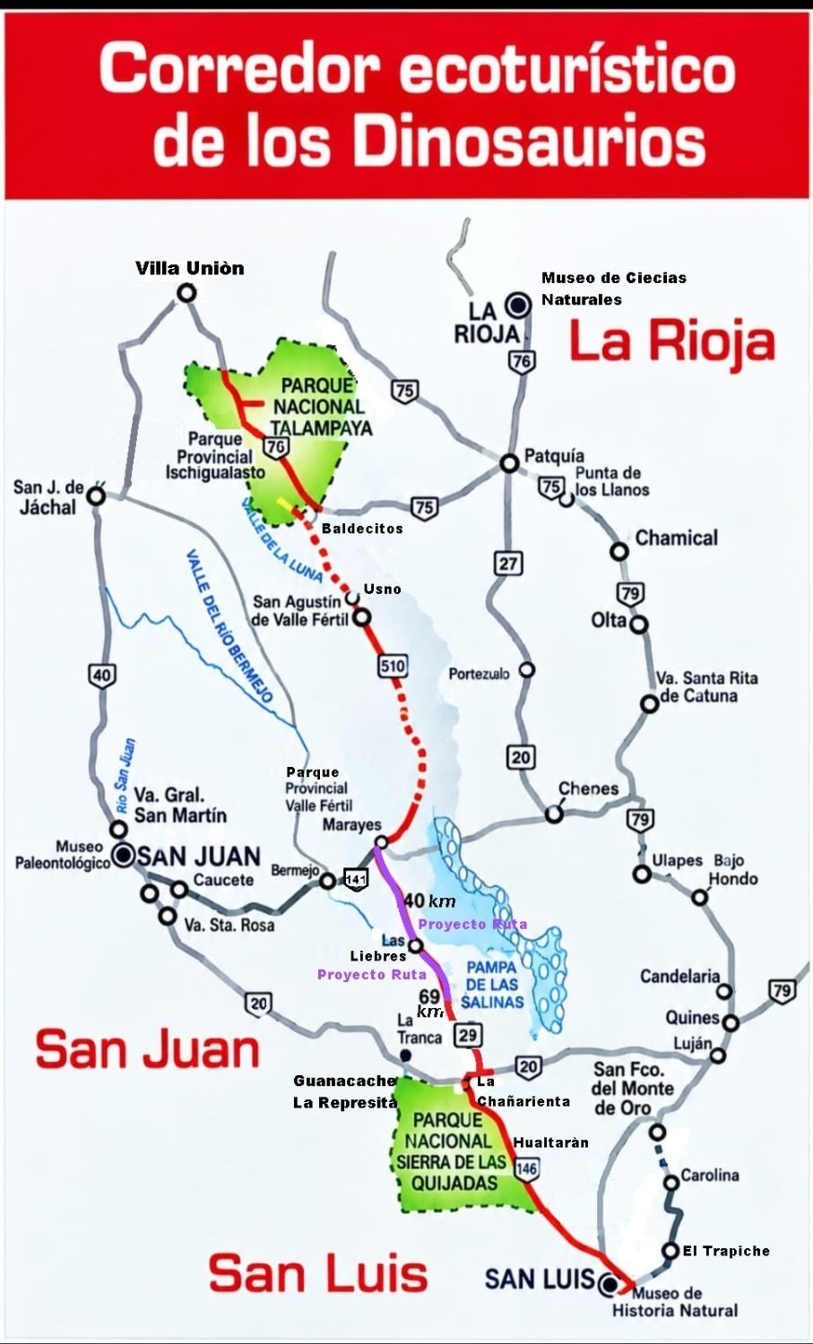 El tramo violeta es el que se debería pavimentar entre las provincias de San Luis y San Juan. 